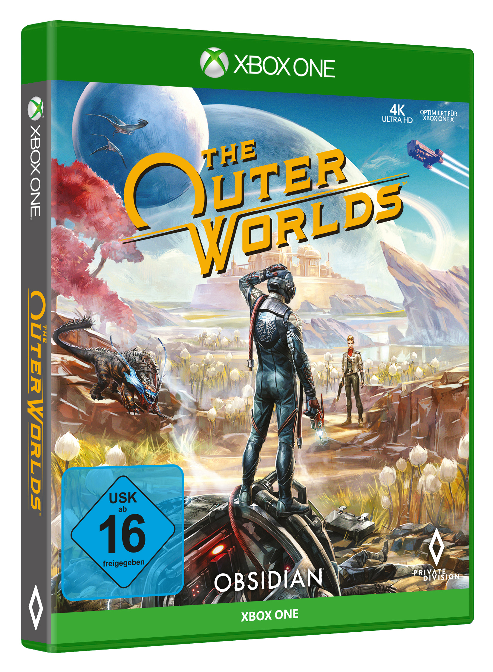 Spielbox-Art. Astronaut auf fremdem Planeten, Kreatur und Gebäude im Hintergrund. Grüne Box.