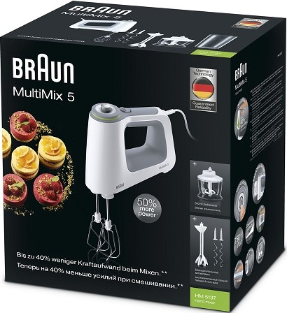 Boîte d'un batteur à main Braun MultiMix 5 blanc et gris avec accessoires et texte.