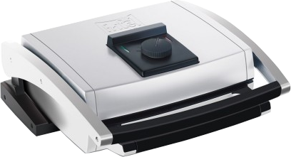 Silver and black panini press, top view, angled and open, with a temperature dial.