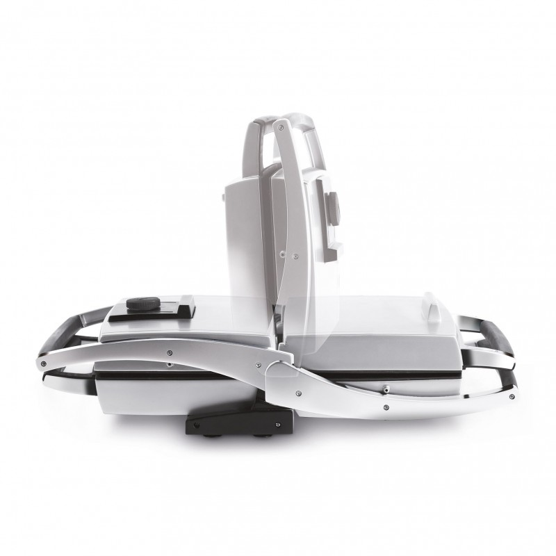 White and gray sandwich maker, open. Top and bottom plates visible.