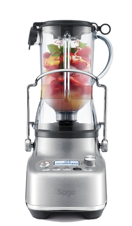 Silberner Mixer mit Zutaten. Klare Behälter mit Früchten und Minze.