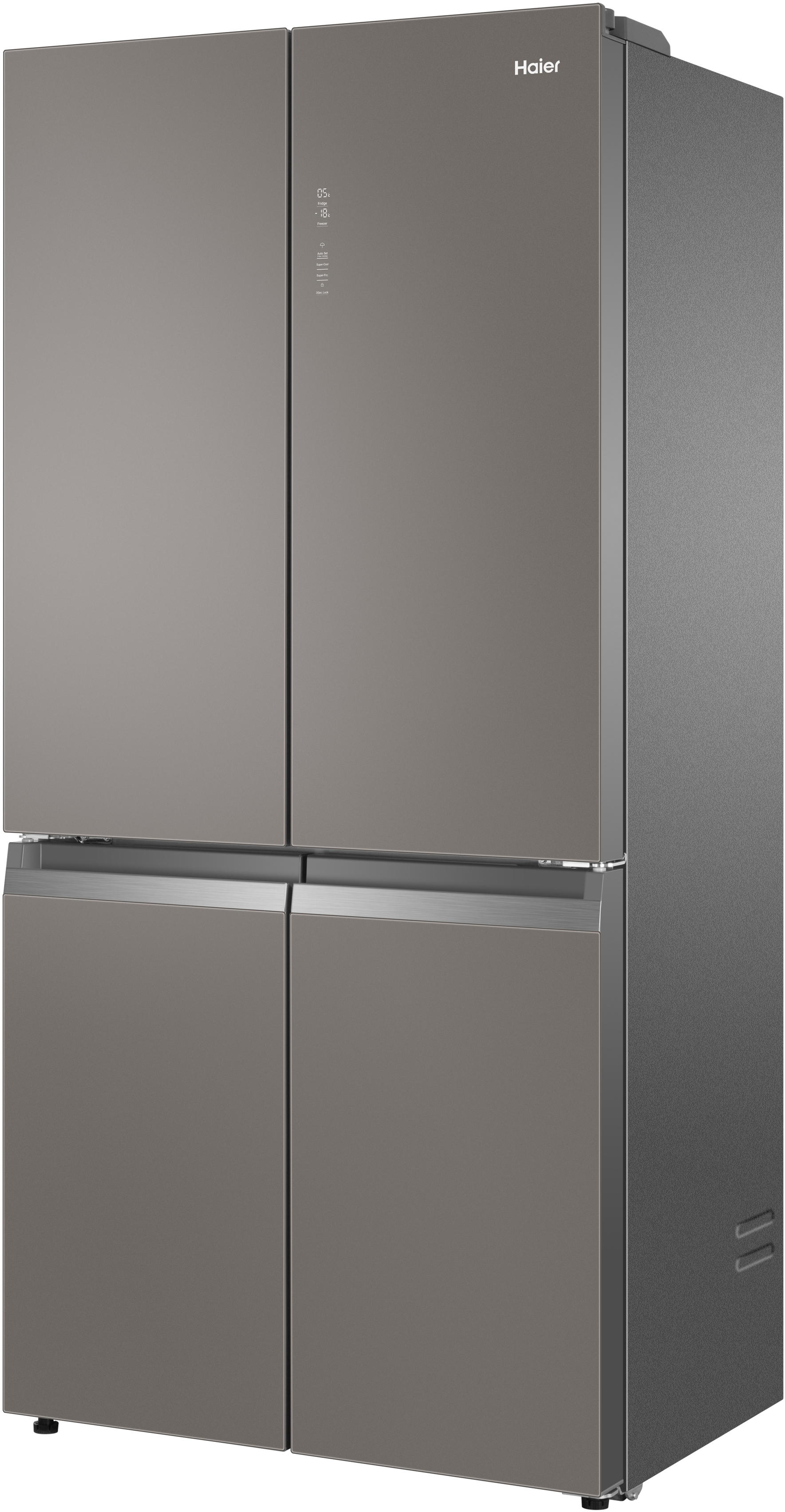 Ein Haier Vier-Türen-Kühlschrank in grau, Vorderansicht.