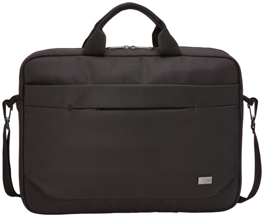 Black briefcase with a handle and a shoulder strap. It has a zipper and a small logo.