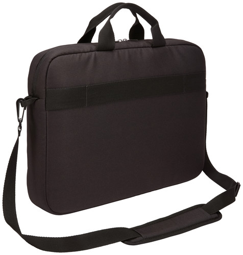 Black laptop bag with a shoulder strap. It has handles and a side clip.