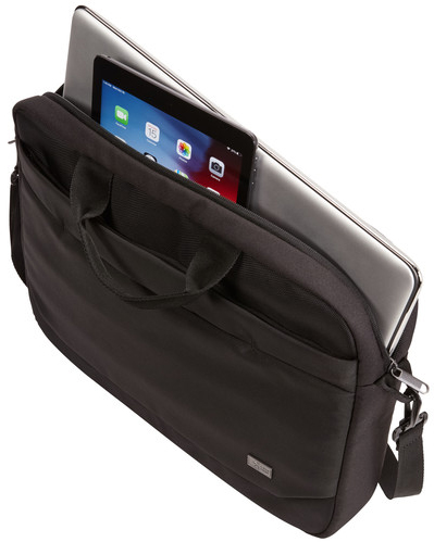 A black laptop and a tablet in a black laptop bag.