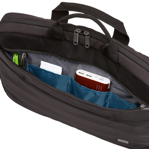 Black laptop bag, open, showing pockets for a pen, phone, and power bank. Blue pockets inside.