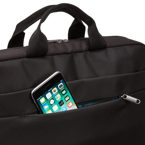 Black briefcase open, with a phone visible in the pocket.