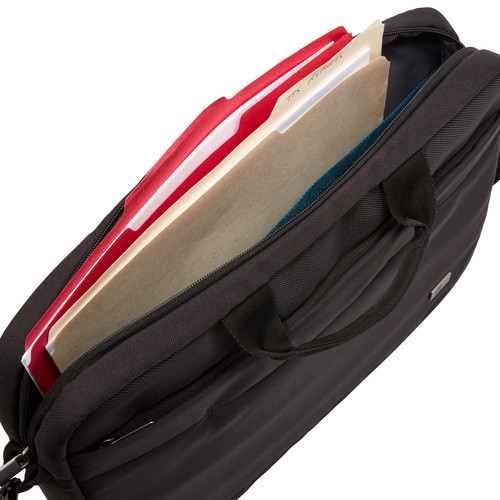 Black briefcase with red, white, and tan file folders inside, open.
