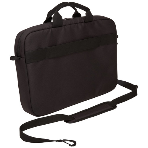 Black laptop bag with a handle, shoulder strap, and a horizontal band across the middle.
