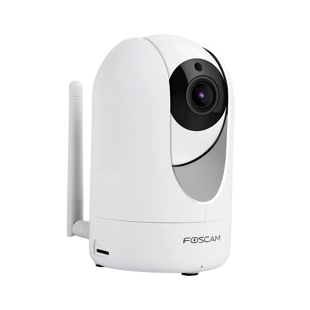 Caméra de sécurité Foscam blanche avec antenne sur fond blanc.