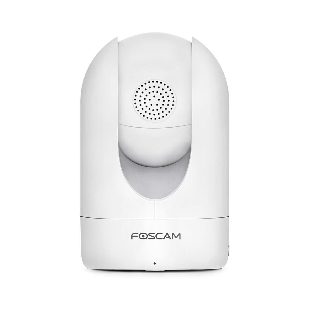 Une caméra de sécurité Foscam blanche sur fond blanc. C'est un dôme.