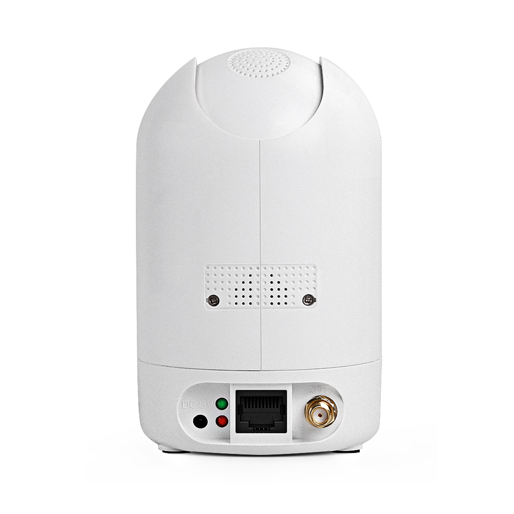 Caméra de sécurité blanche. Elle a des trous, une entrée d'alimentation, un port Ethernet et une antenne.