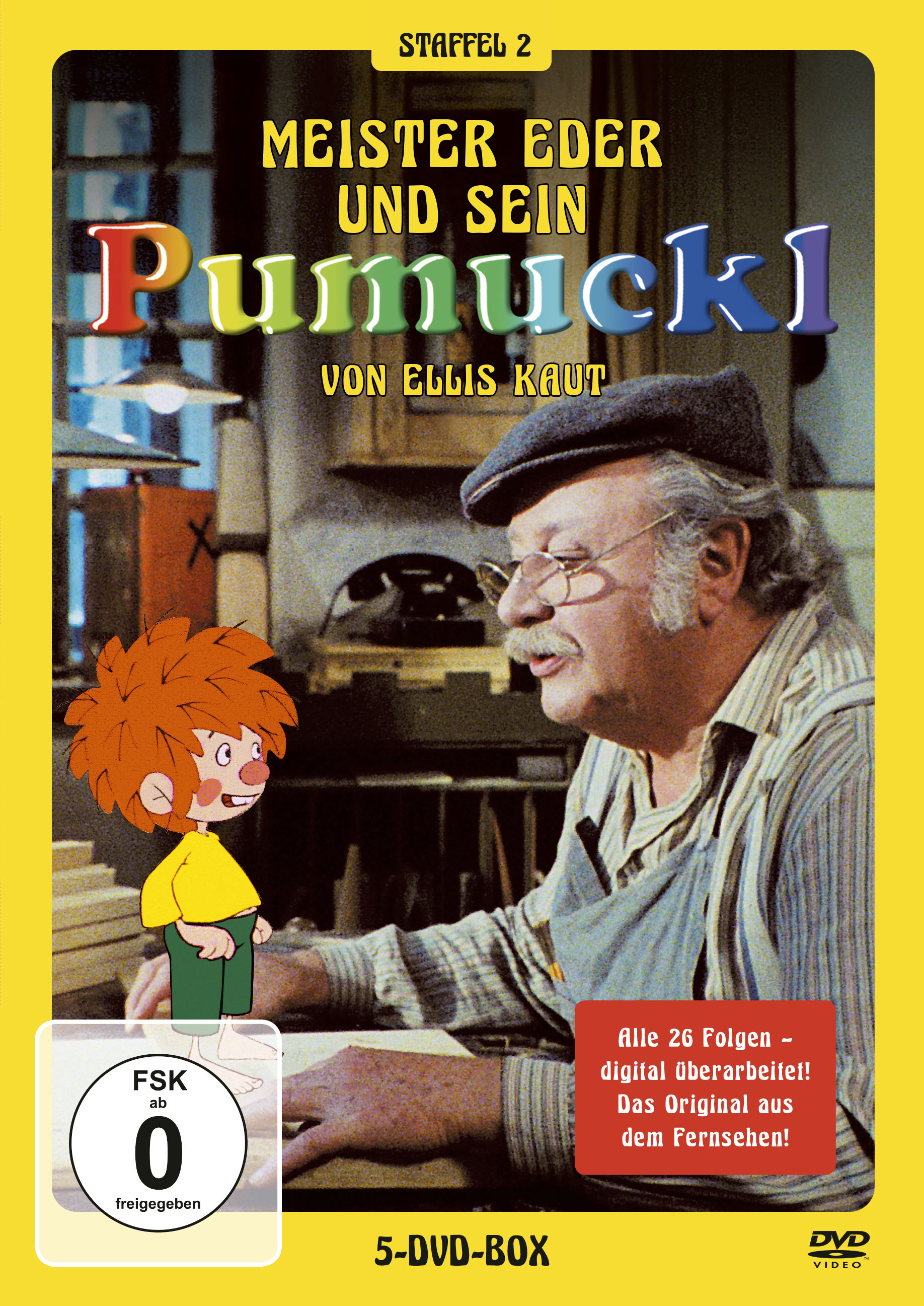 DVD-Cover: Meister Eder und Pumuckl. Mann mit Brille spricht mit rothaarigem Kobold.