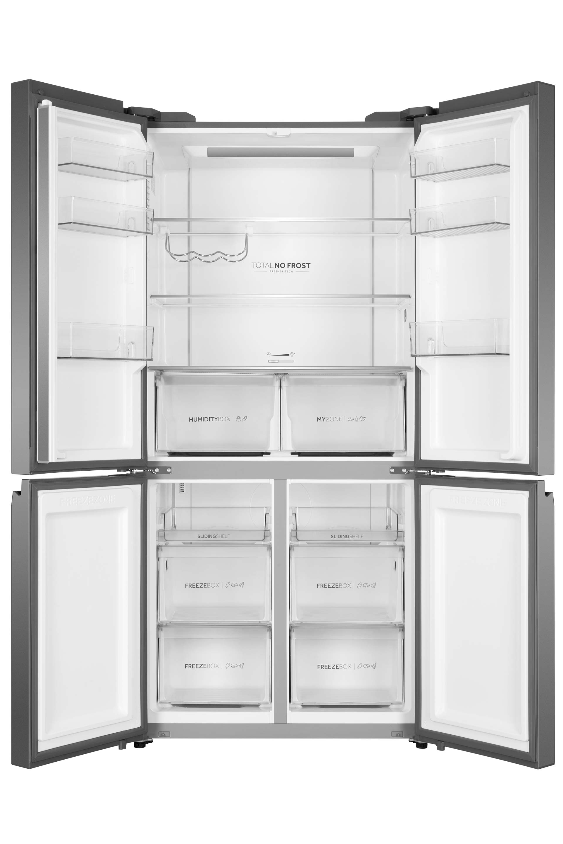 Offener Kühlschrank mit leeren Regalen und Schubladen. Graue Außenseite mit weißem Innenraum.