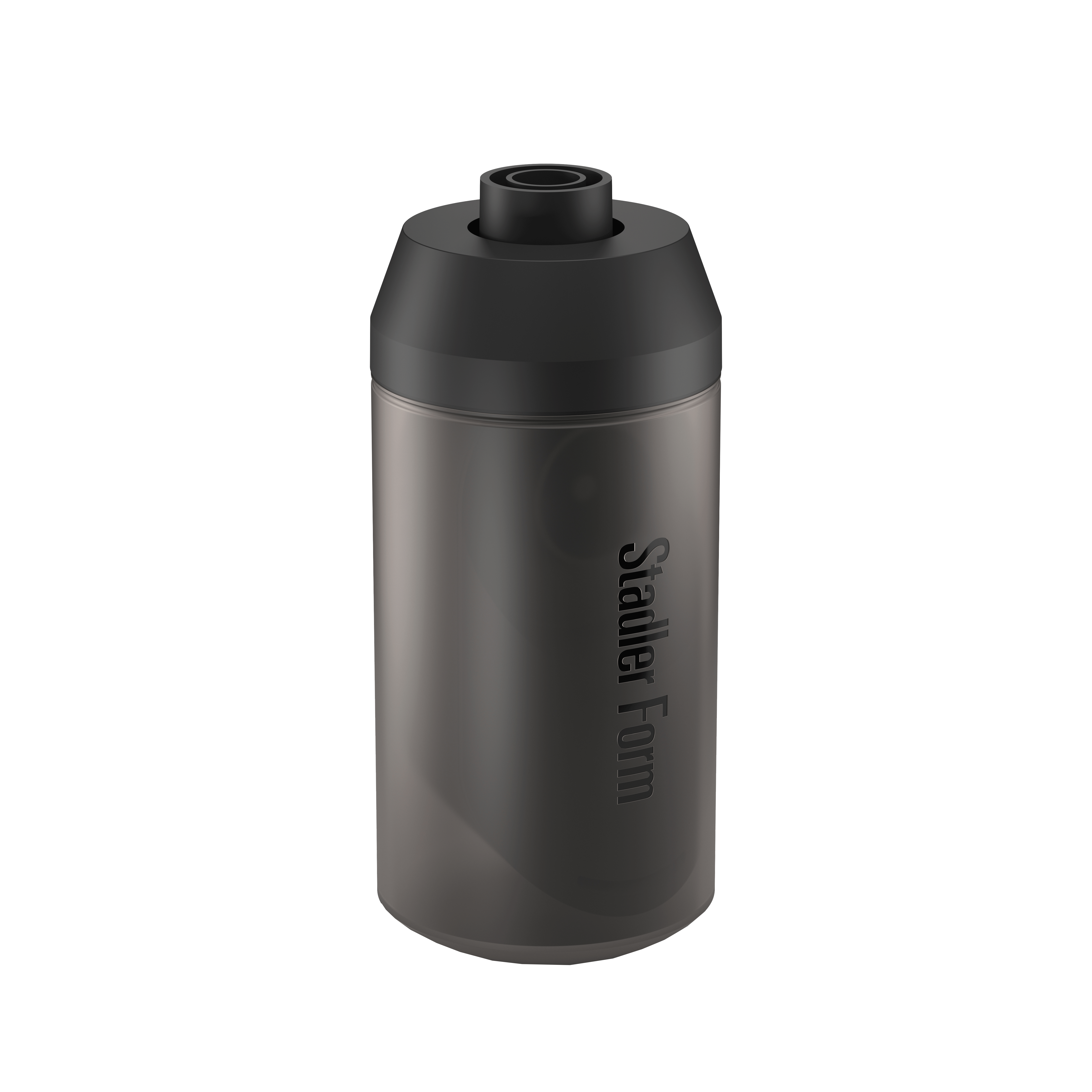 Une bouteille d'eau gris foncé avec un bouchon noir, sur fond noir.