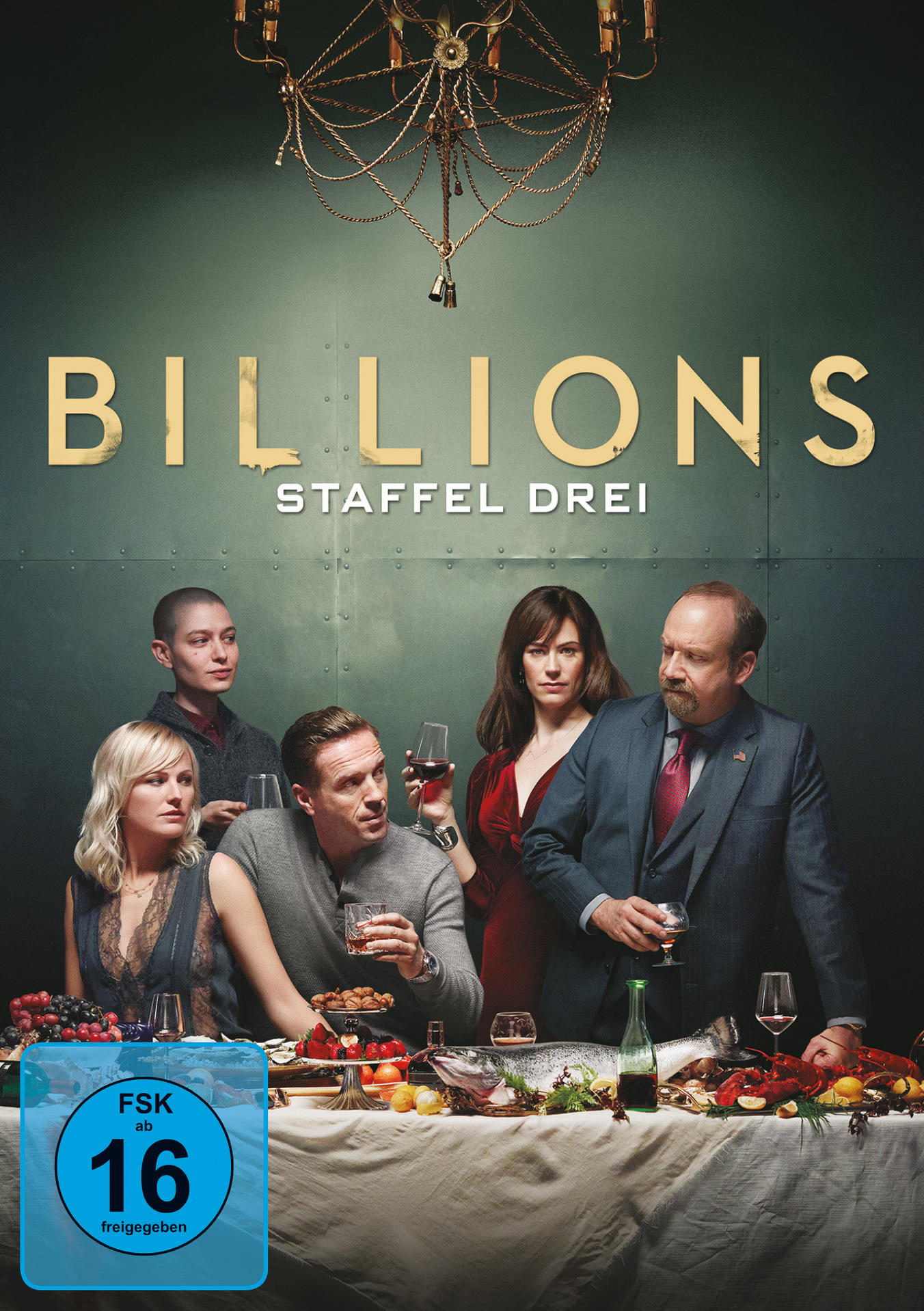 Filmposter für 'Billions' mit Schauspielern an einem Esstisch.