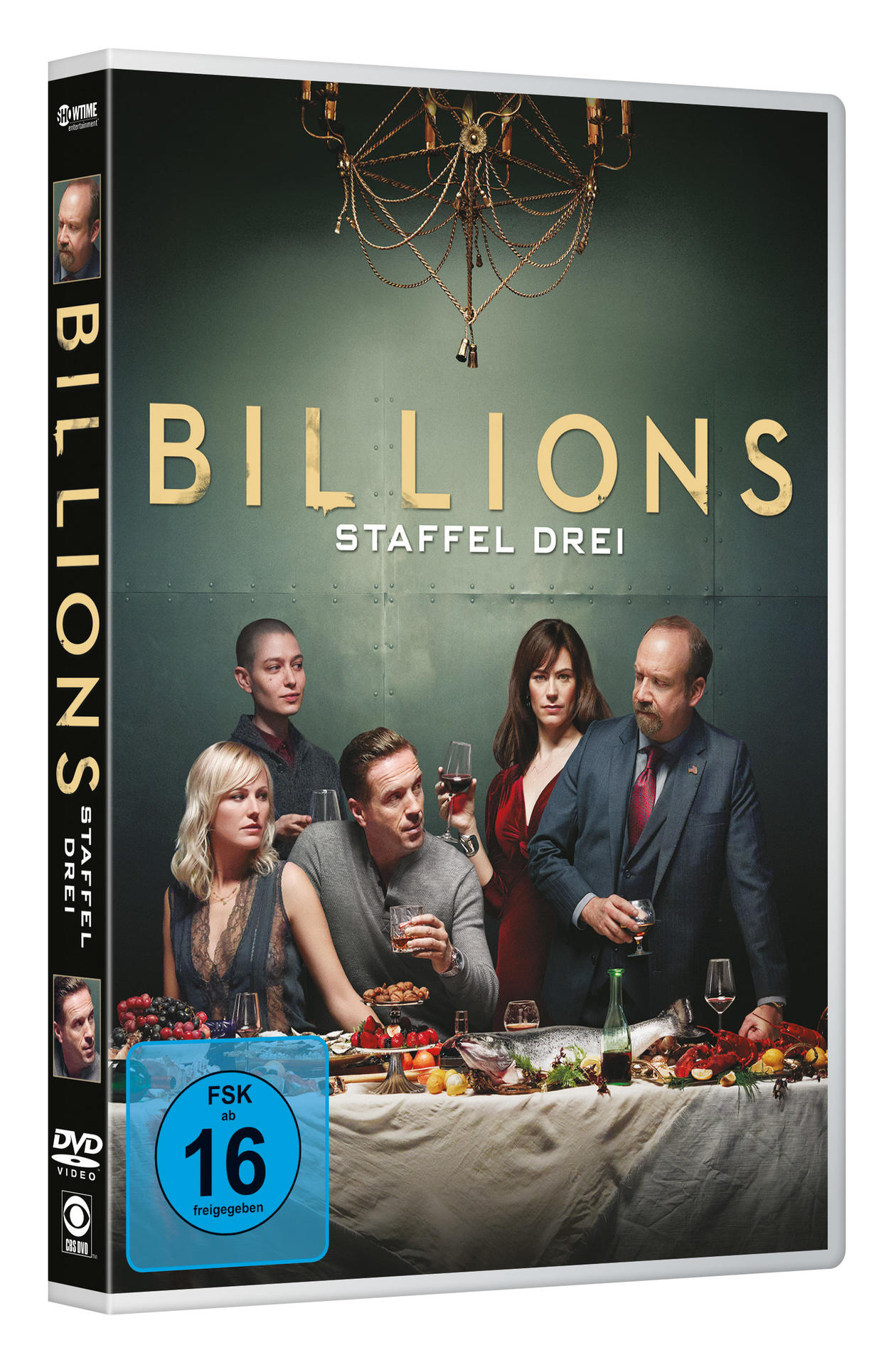 DVD-Box-Set von 'Billions' Staffel drei. Enthält eine Gruppe von Leuten an einem Tisch mit dem Titel der Show.