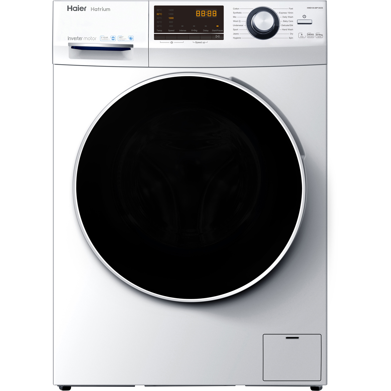 Lavadora secadora - Haier HWD100-BP14636, 10kg/6kg, 1400rpm, 16 programas, Inverter, ABT, 55dB,Clase A, Blanco