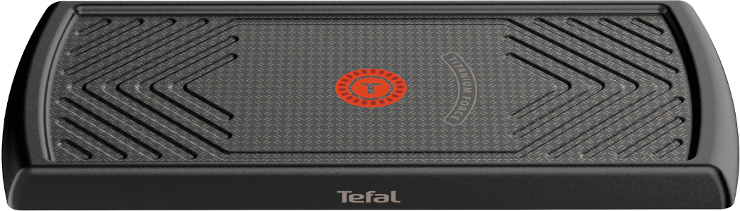A black Tefal grill pan with a textured cooking surface and the Tefal logo.