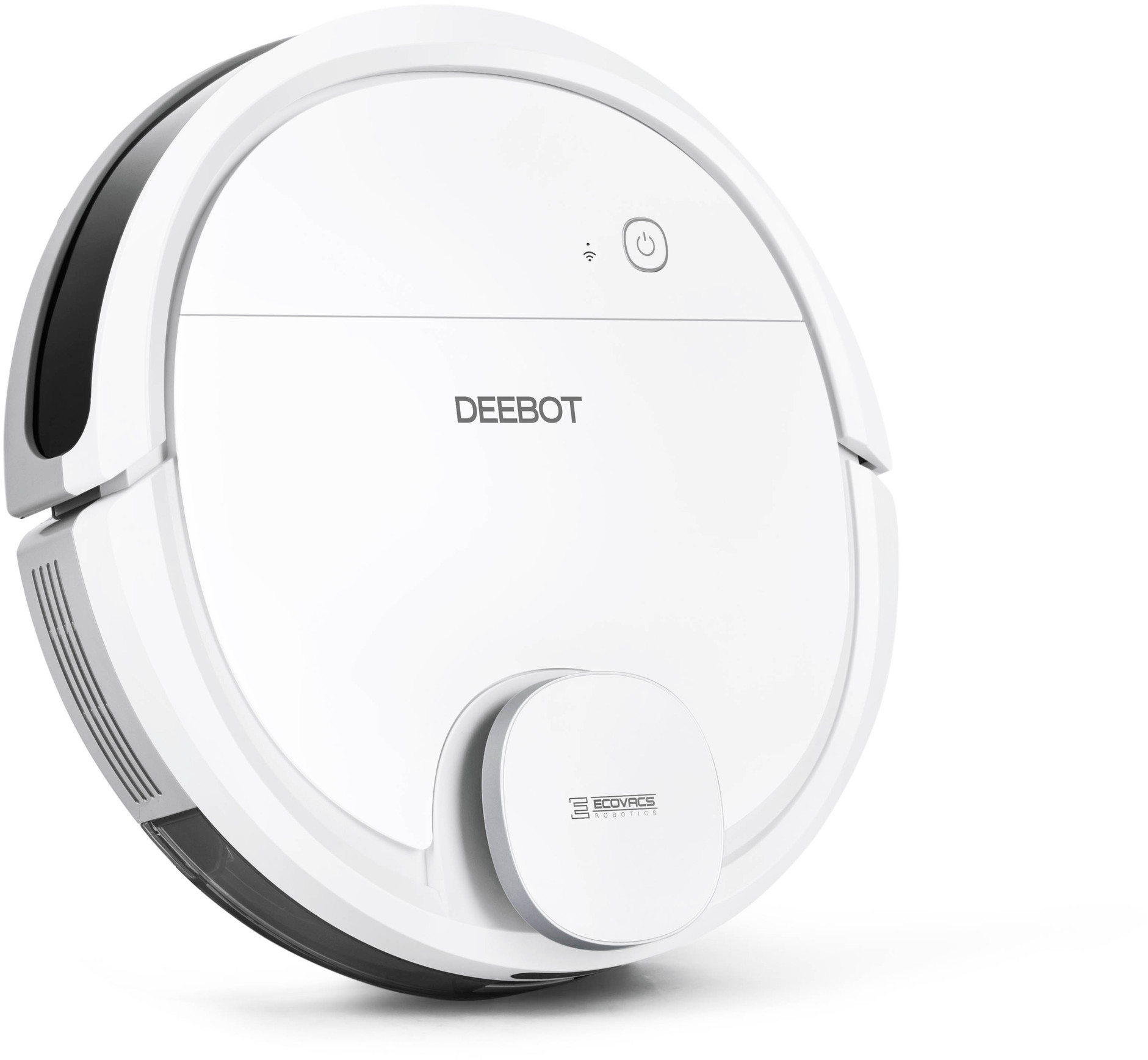 Ein weißer DEEBOT Roboter-Staubsauger auf weißem Hintergrund.