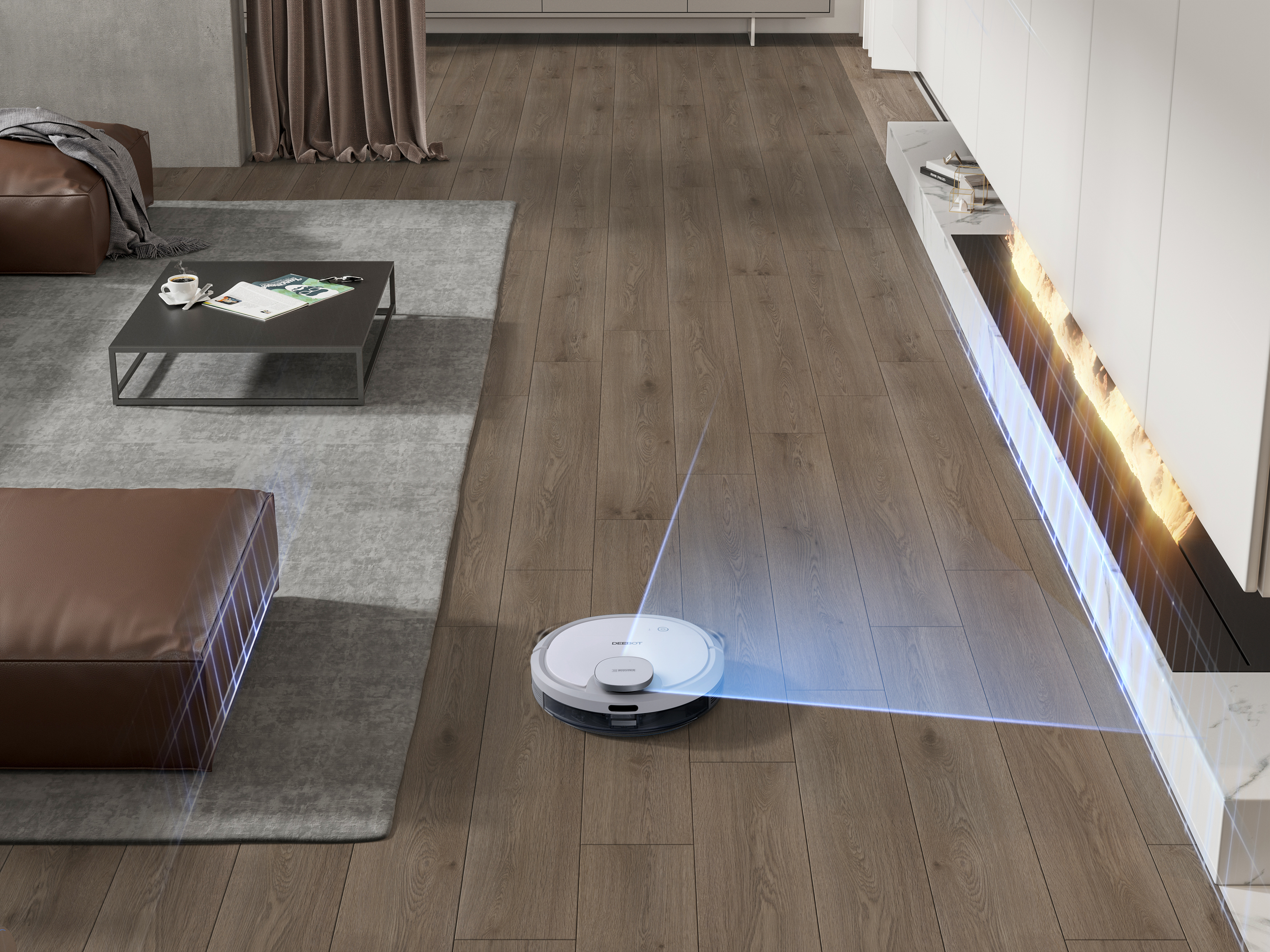 Ein Roboter-Staubsauger auf einem Holzboden, der reinigt. Ein blaues Licht zeigt den Bereich an.