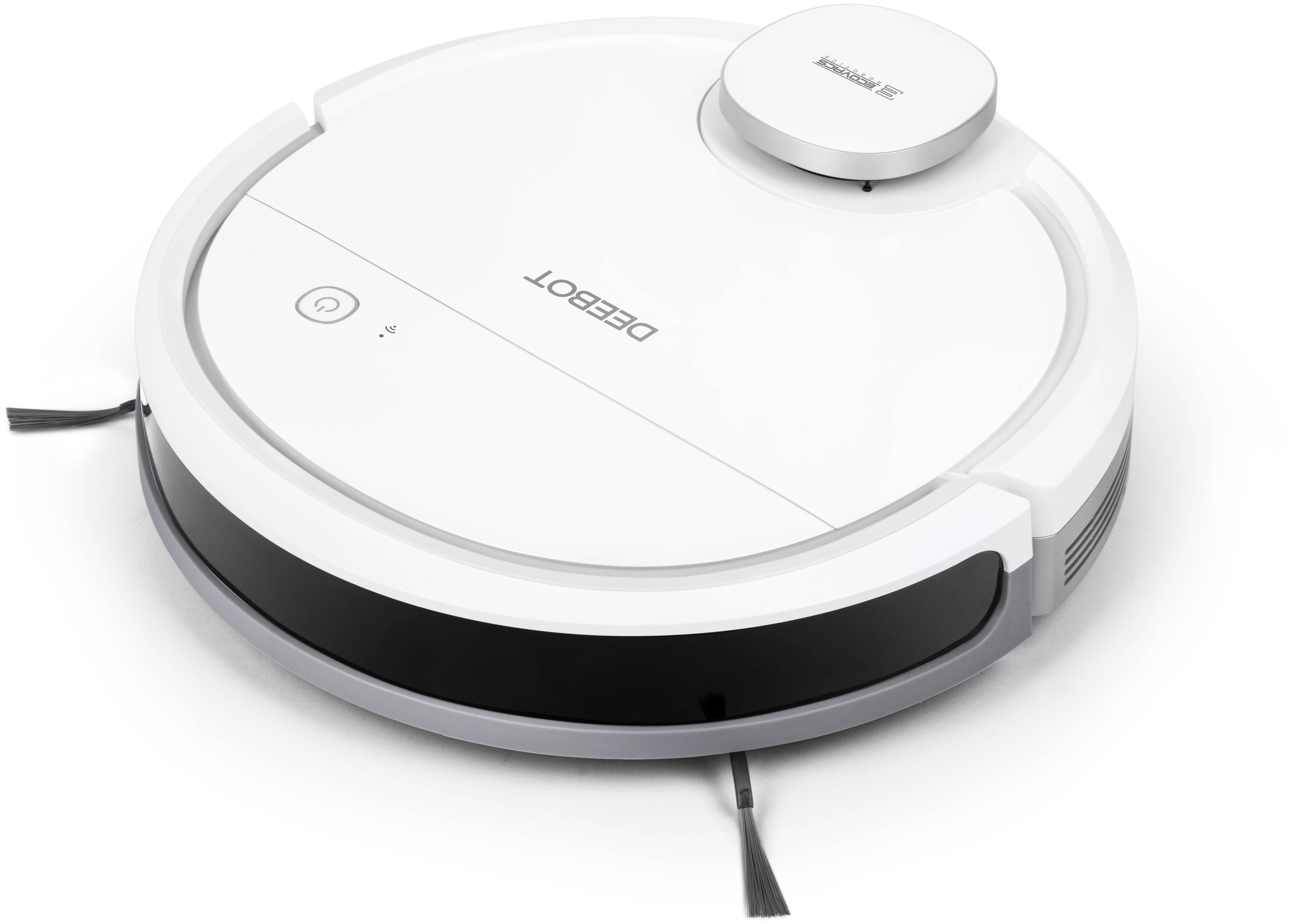 Weißer DEEBOT Roboter-Staubsauger. Es hat eine runde Form.