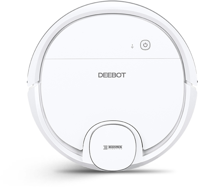 Weißer, runder Roboter-Staubsauger mit dem Markennamen DEEBOT.