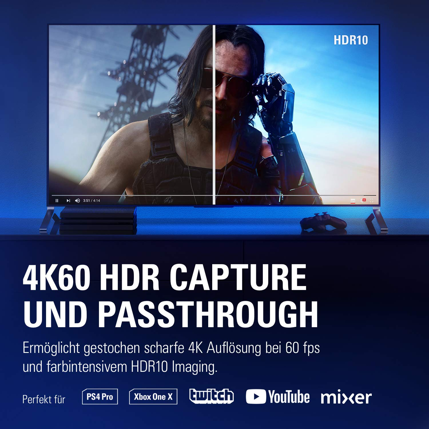 Ein Fernsehbildschirm, der ein Videospiel mit Text über 4K60 HDR Capture und Passthrough zeigt.