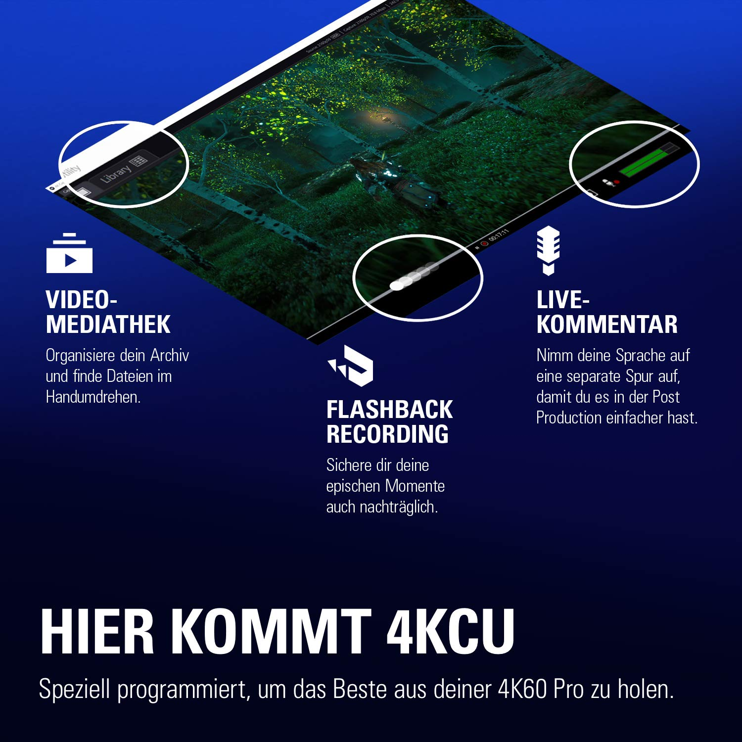 Infografik über 4KCU, mit Funktionen wie Videobibliothek und Live-Kommentar.
