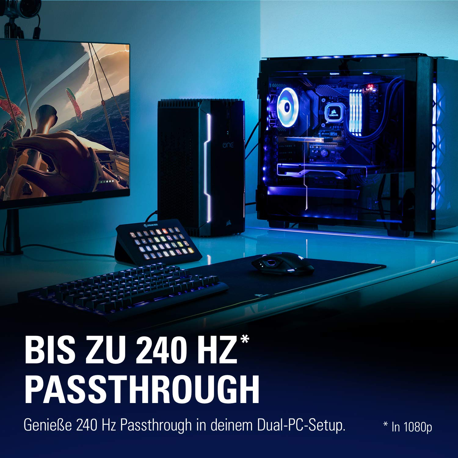 Gaming-PC-Setup mit zwei PCs, einem Monitor, Tastatur und Maus sowie Text: 240 Hz Passthrough.