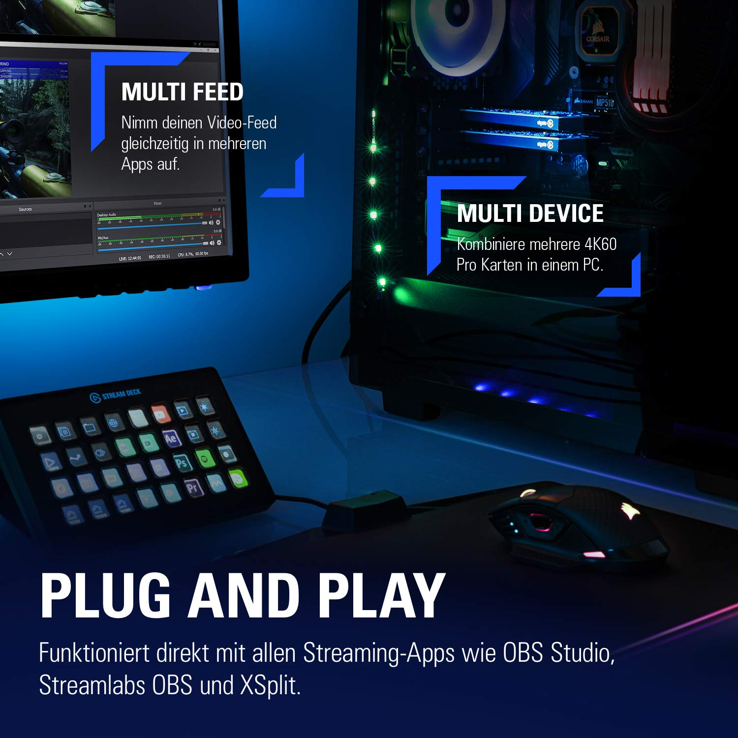 Streaming-Setup mit Monitor, Stream Deck und Gaming-Maus.