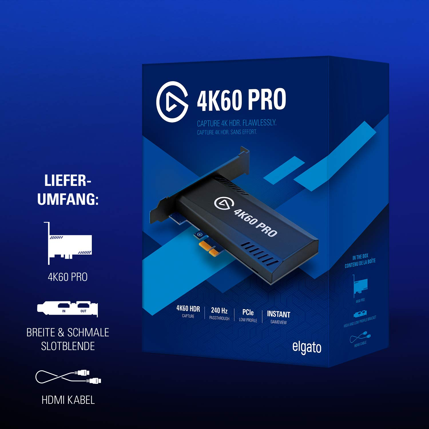 Elgato 4K60 Pro Capture Card Box mit Details und Komponenten.