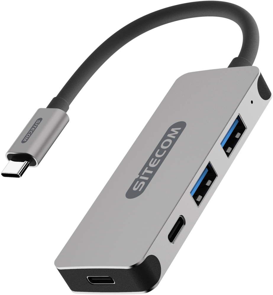 Un hub USB-C argenté avec plusieurs ports et un câble noir.