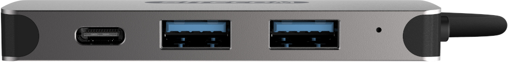 Hub USB argenté avec ports USB-C et USB et un cordon noir attaché.