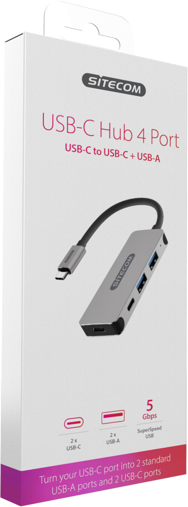 Hub USB-C Sitecom : hub argenté avec ports, dans une boîte blanche avec du texte.