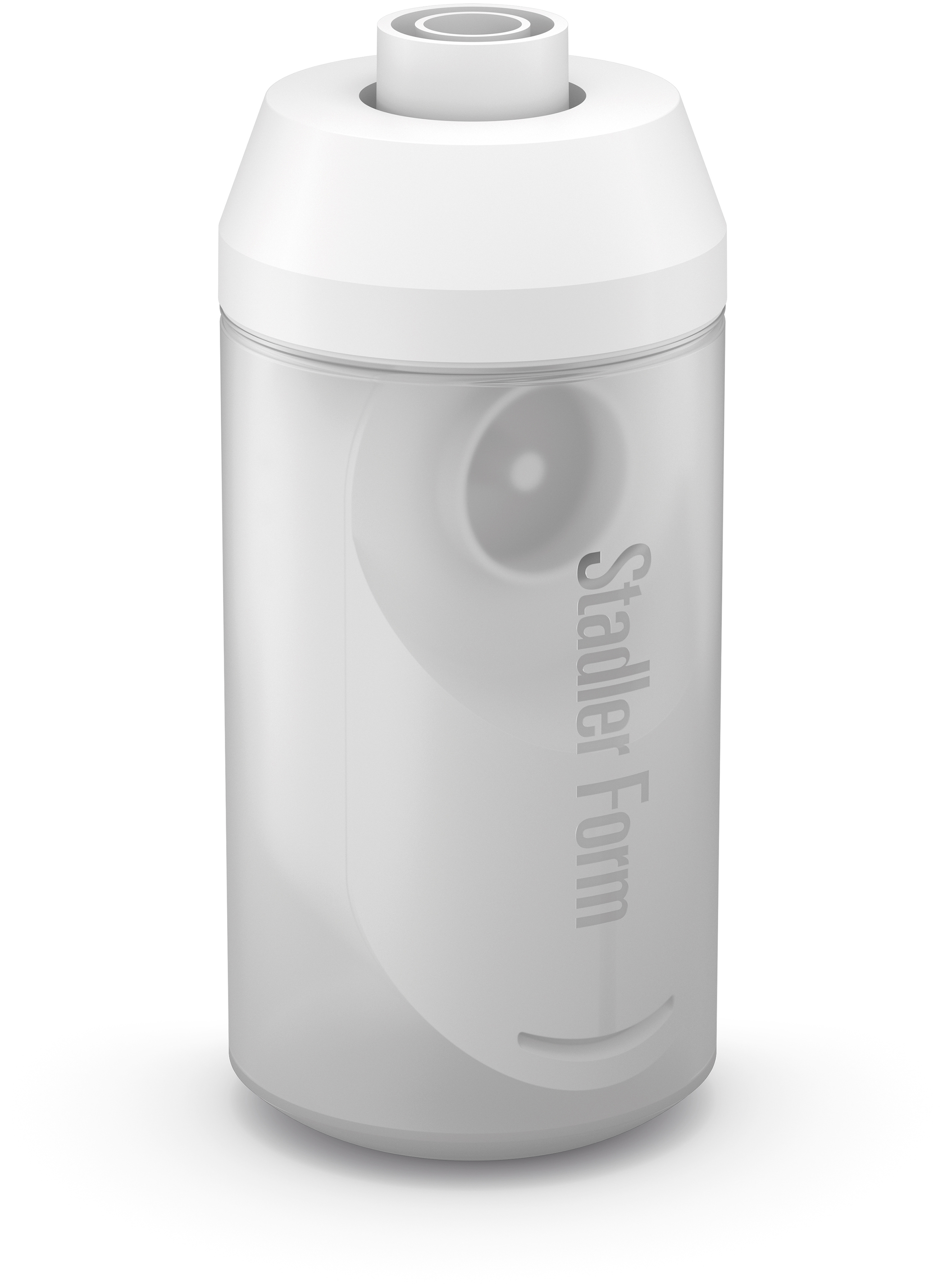 Weiße Stadler Form Wasserflasche. Zylindrisches Design. Stadler Form Logo an der Seite.