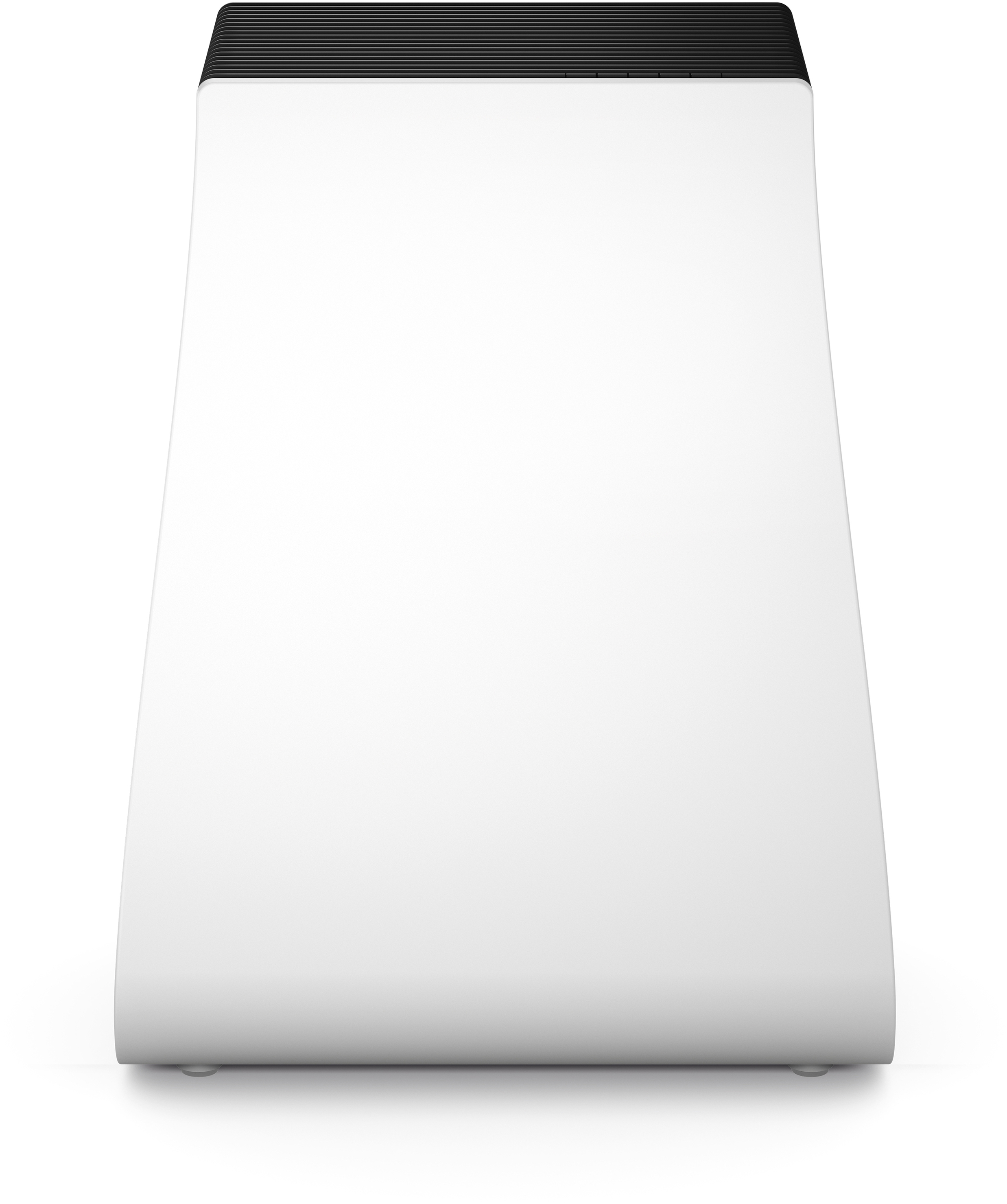 Weißer, minimalistischer Router, aufrecht stehend, mit schwarzer Oberseite.