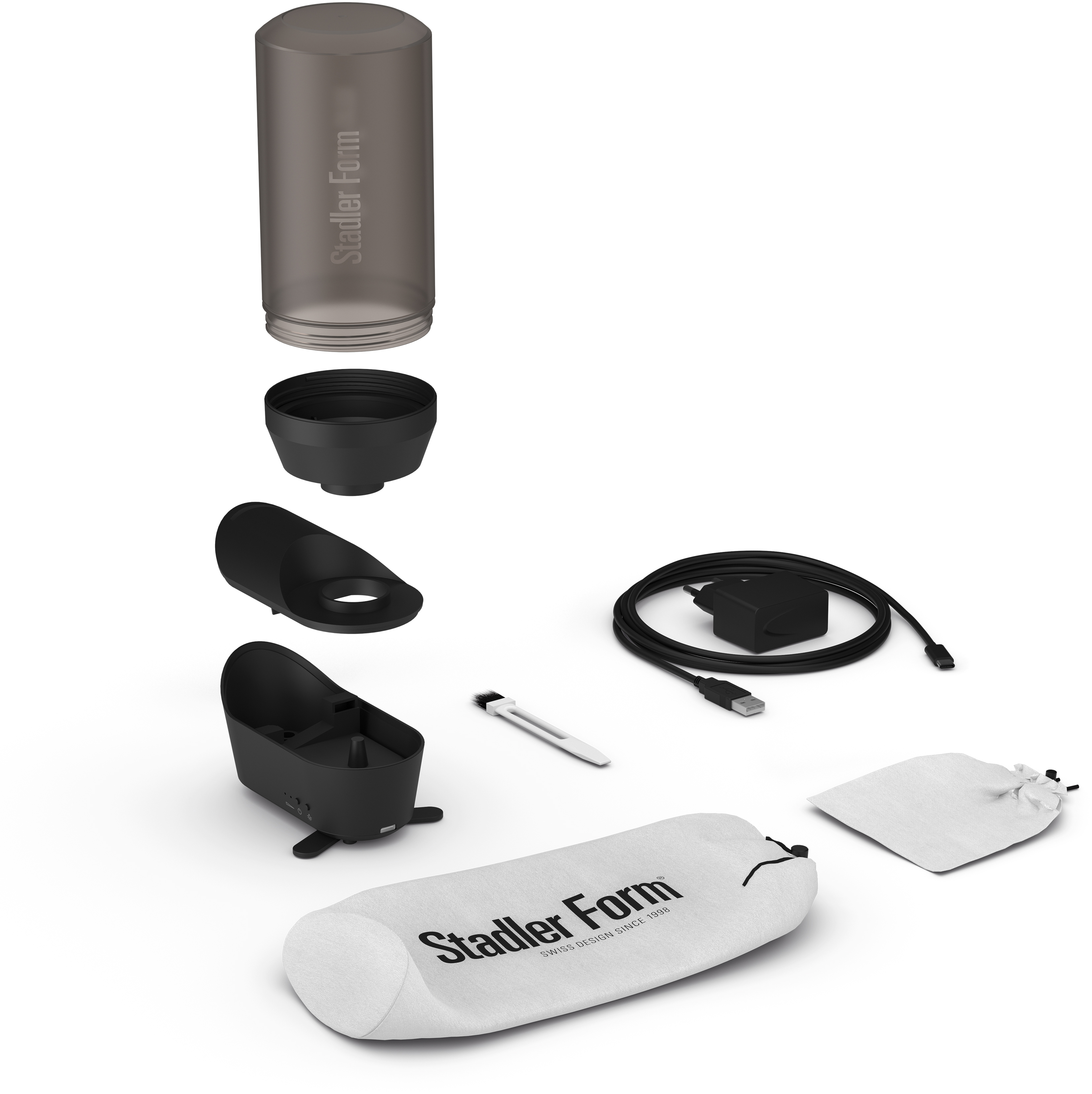 Zerlegte Produktteile: Röhre, Kappe, Linse, Ladegerät, Beutel und Kabel.