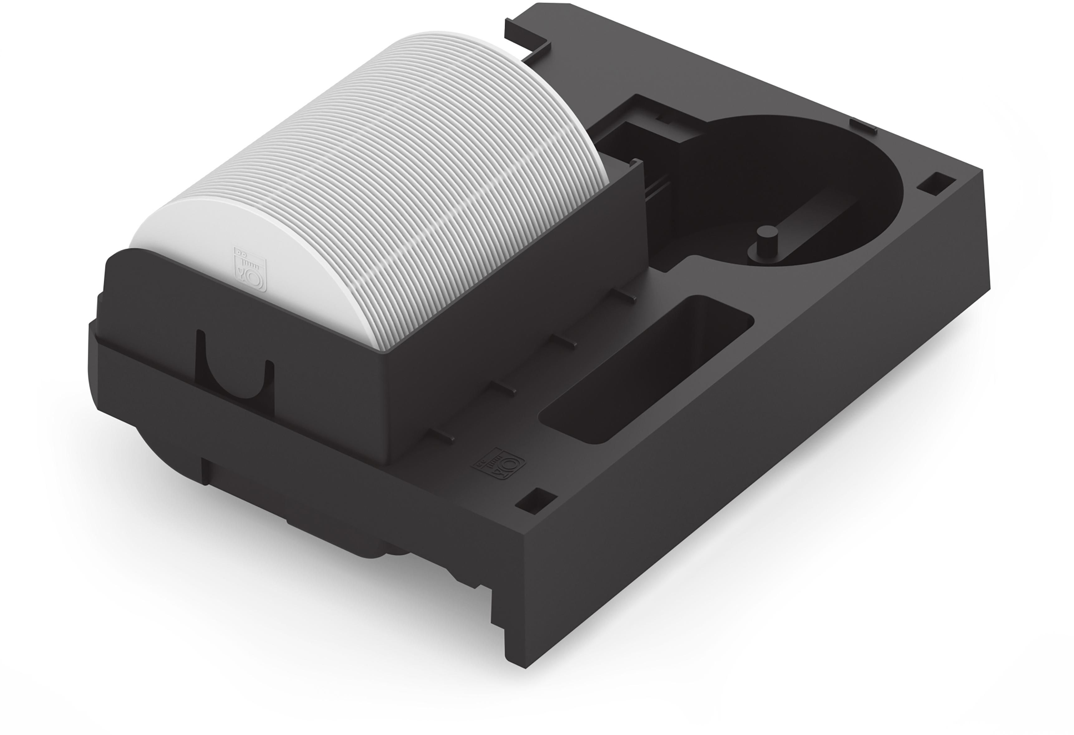 Schwarze Kunststoffbasis mit einer weißen Papierrolle, für einen Thermodrucker.
