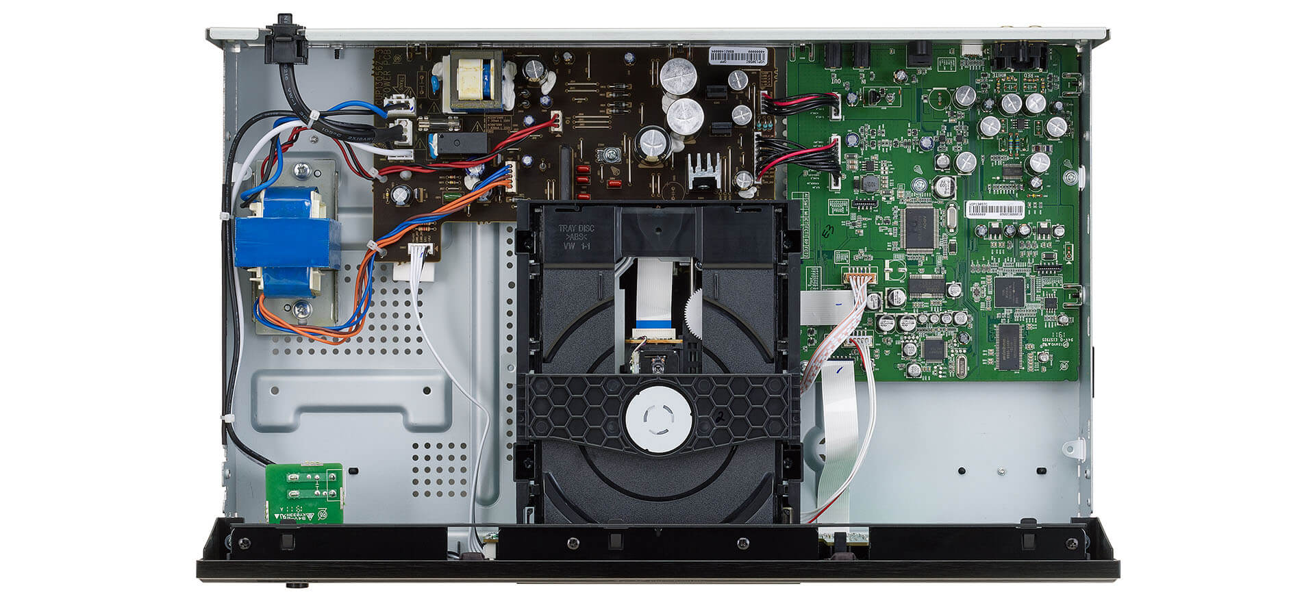 Inneres eines CD-Players, das interne Komponenten zeigt.