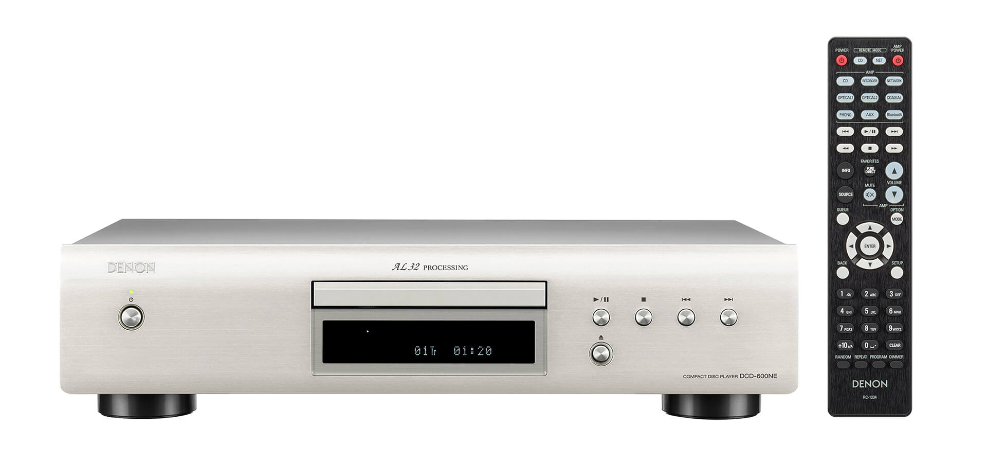 Denon CD-Player mit Fernbedienung, silberne Farbe und Display.
