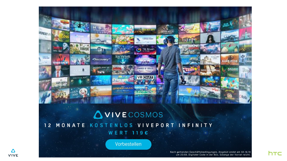 VR-Anzeige mit Mann mit Headset, vor vielen VR-Spiel-Bildschirmen.
