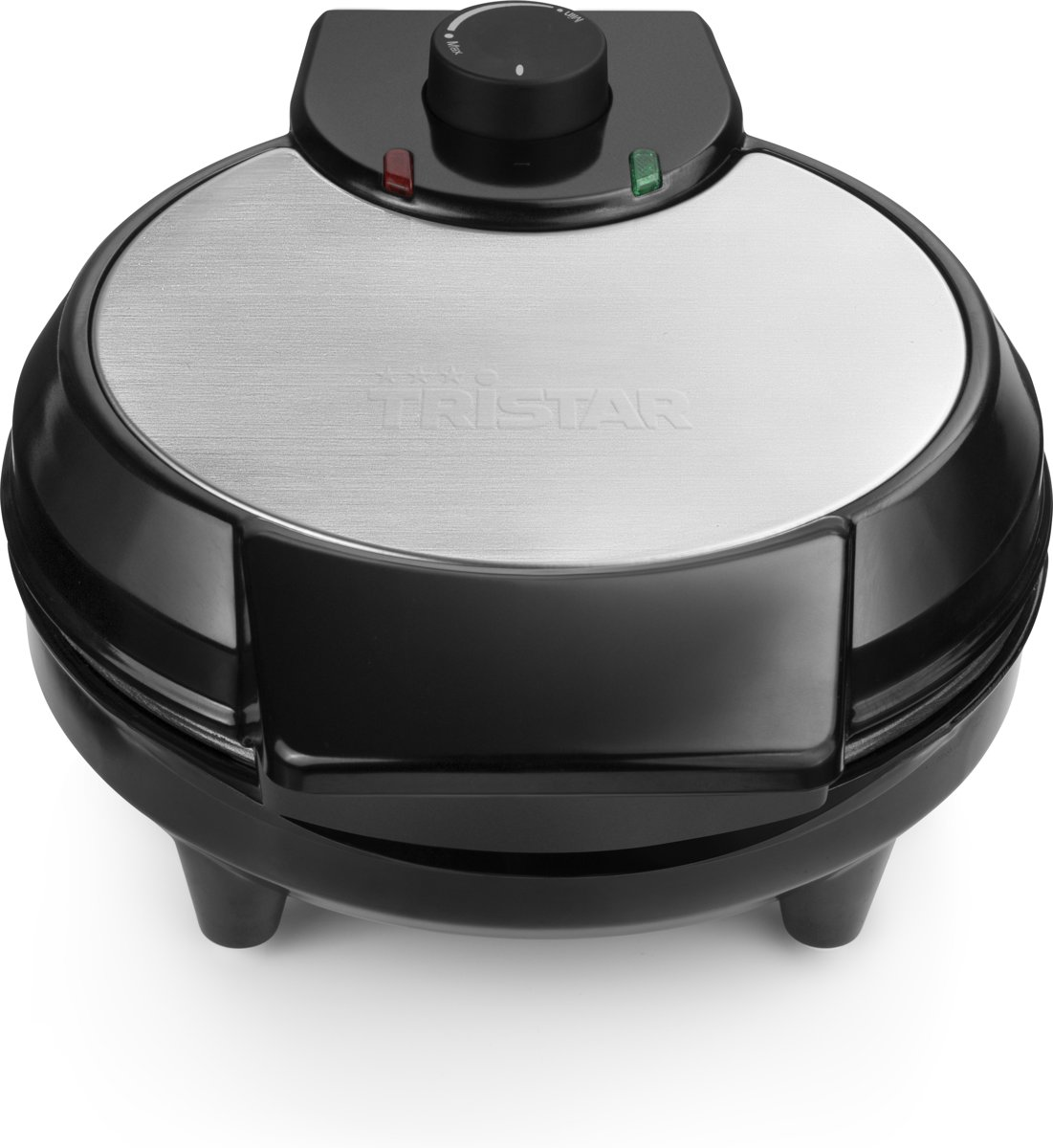 A black waffle maker. The top is silver with the brand name 'Tristar'.