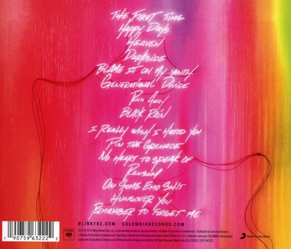 Rückseite der CD-Hülle, rosa bis gelber Farbverlauf, handgeschriebene Songtitel: The First Time, Happy Days, Heaven usw.