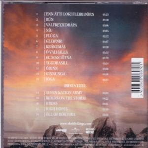 Rückseite einer CD mit Titelliste und Albumcover. Sonnenuntergang, Wikingerschiff, Felsen.