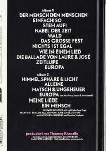 Die Rückseite eines Albumcovers mit einer Liste von Liedern in weißem Text.