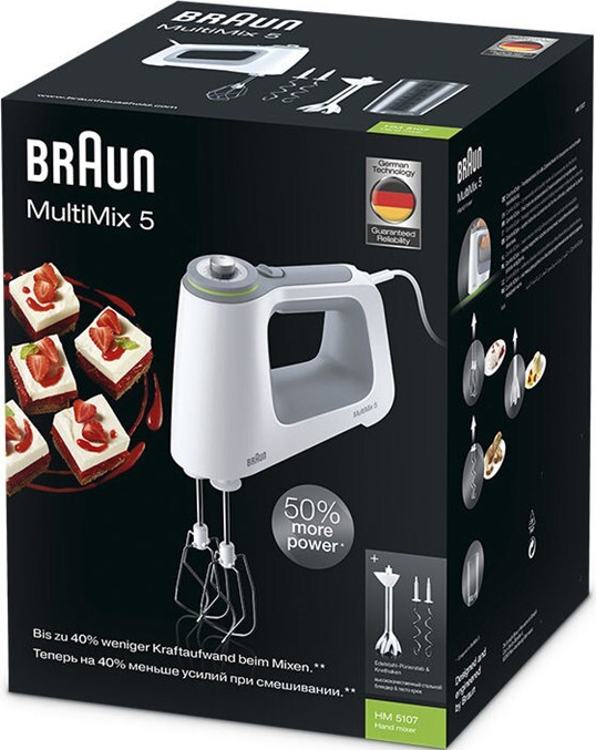 Boîte Braun MultiMix 5. Mixeur blanc avec accessoires. Images de gâteaux. Couleurs noir, blanc et rouge.
