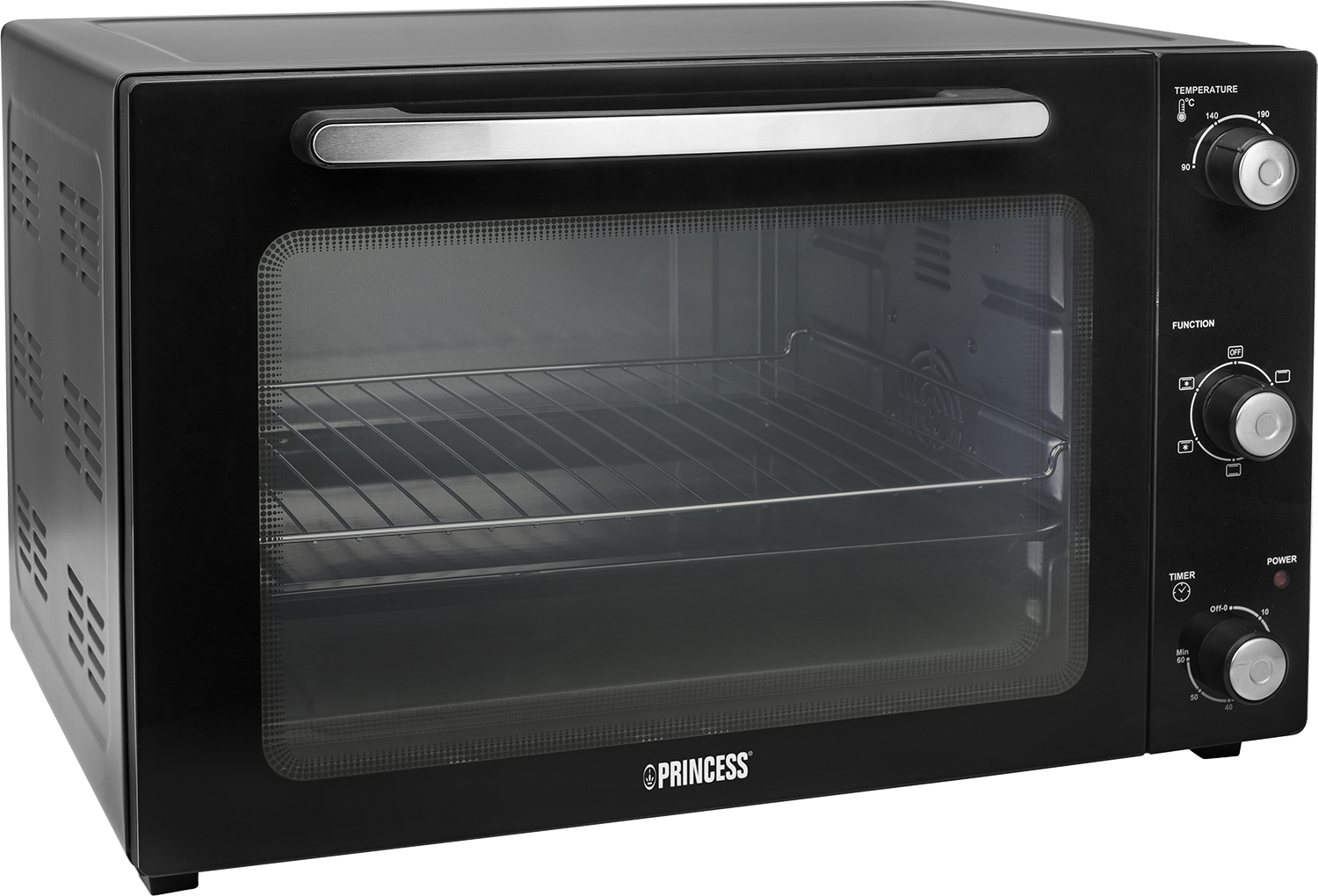 Zwarte oven met zilveren handvat en bediening. Toont een leeg metalen rek binnenin.