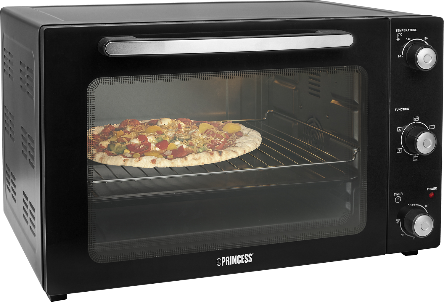 Zwarte Princess oven met pizza erin, bediening rechts.