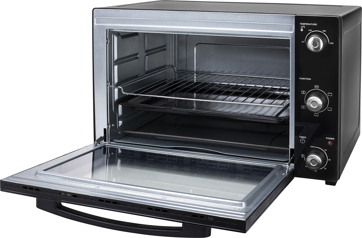 Zwarte oven met open glazen deur. Binnenin bevinden zich metalen rekken en een bak. Zwart bedieningspaneel rechts.